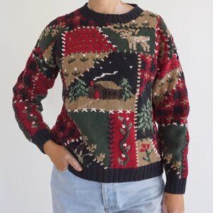Vintage Portraits Patchwork Cabin Deer Tree Forest Knit Holiday Sweater S